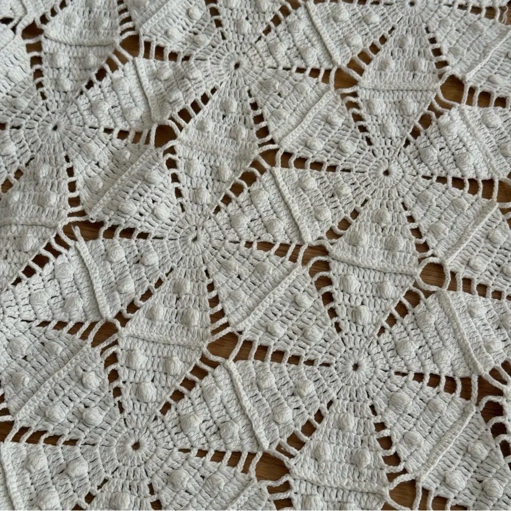 handmade vintage heavy cotton lace bedspread, popcorn crochet stars, long fringe